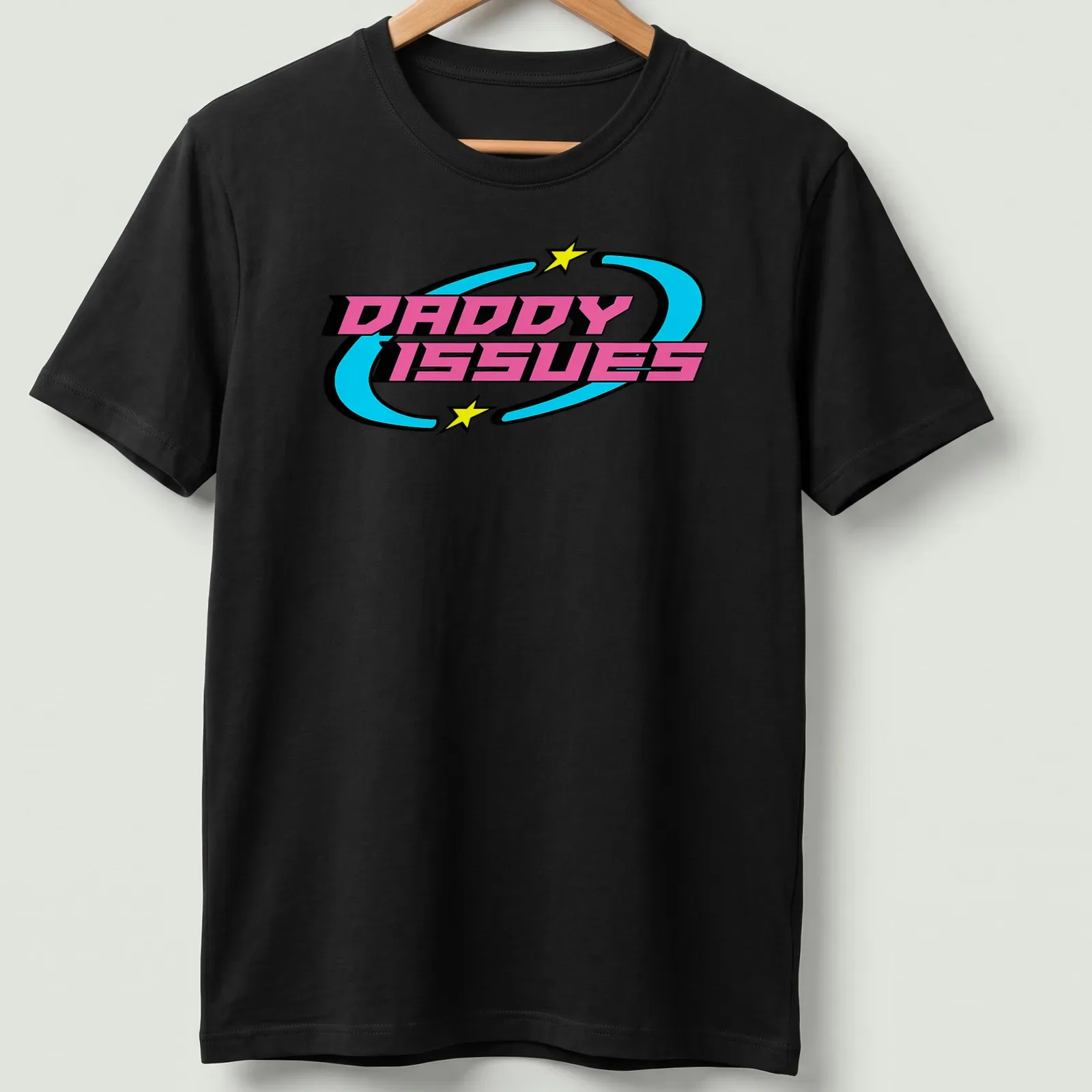Y2K Retro t-shirt with the quote 'DADDY ISSUES' in playful colors and font — printed on a unisex t-shirt