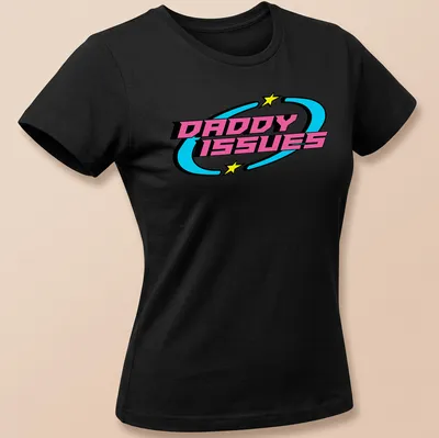 Y2K Retro t-shirt with the quote 'DADDY ISSUES' in playful colors and font — printed on a women's shirt