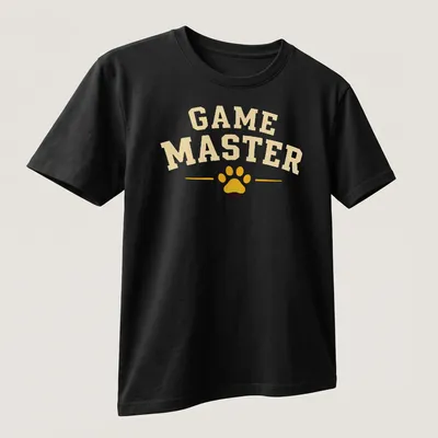 Vintage collegiate Game Master t-shirt featuring a paw print design — printed on a unisex t-shirt (angled view)
