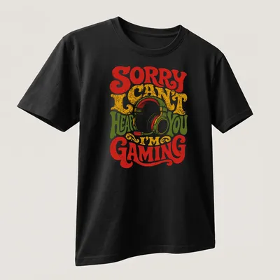 Retro distressed tee with a gaming headset and text: Sorry I Can't Hear You I'm Gaming. — printed on a unisex t-shirt (angled view)