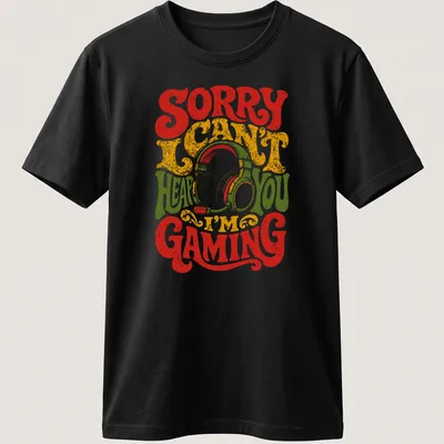 Retro distressed tee with a gaming headset and text: Sorry I Can't Hear You I'm Gaming.
