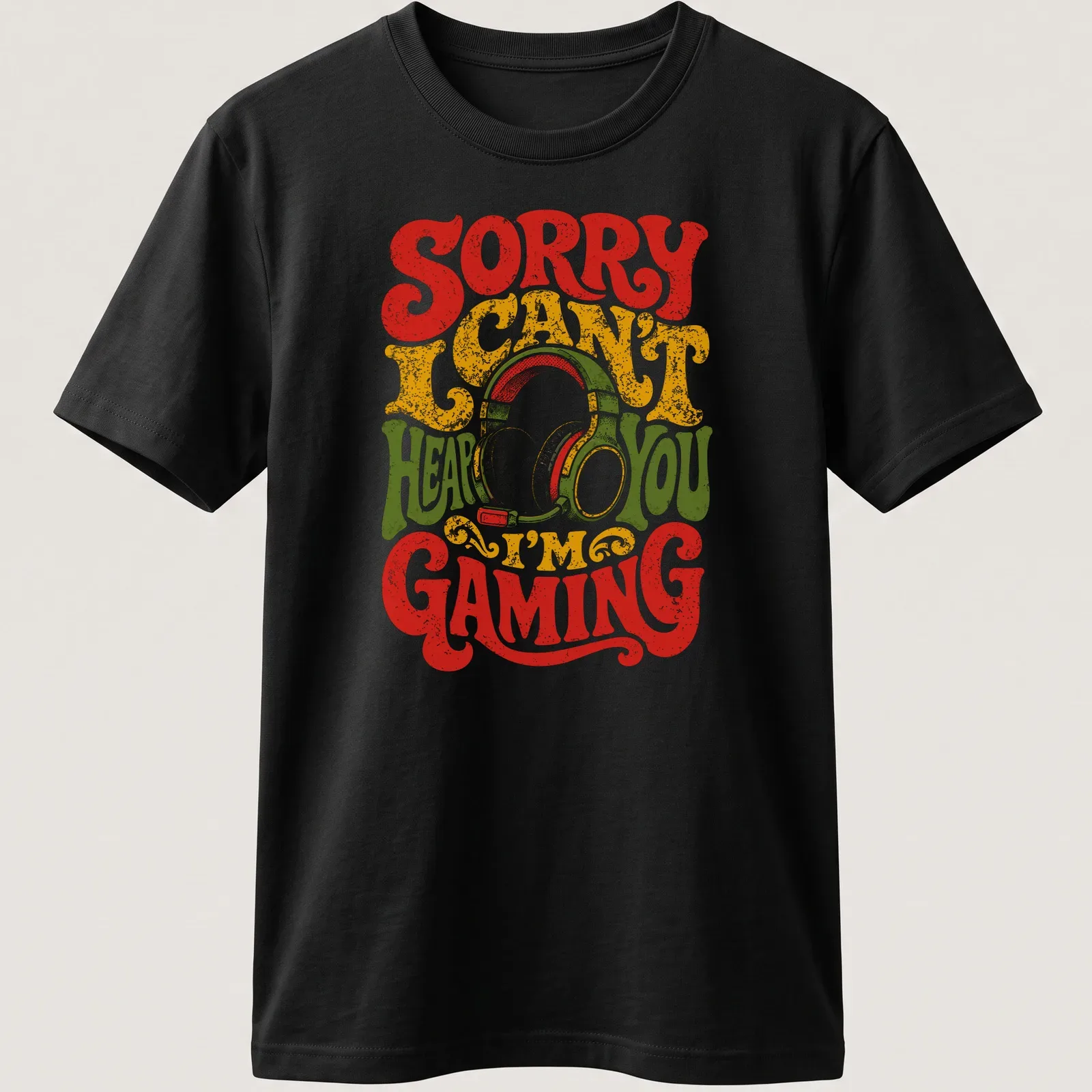 Retro distressed tee with a gaming headset and text: Sorry I Can't Hear You I'm Gaming. — printed on a unisex t-shirt