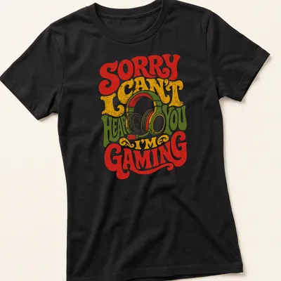 Retro distressed tee with a gaming headset and text: Sorry I Can't Hear You I'm Gaming. — printed on a women's shirt