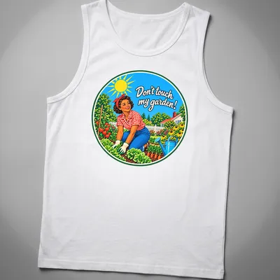Retro gardening t-shirt with a woman tending plants and playful text — printed on a tank top