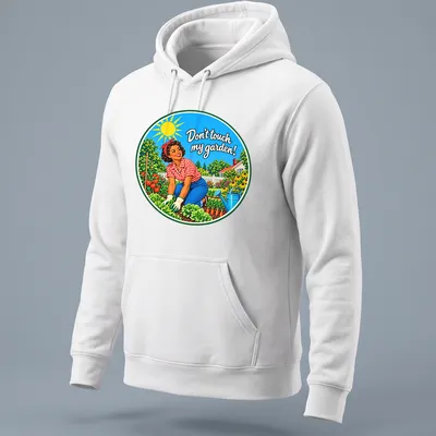 Retro gardening t-shirt with a woman tending plants and playful text — printed on a unisex hoodie