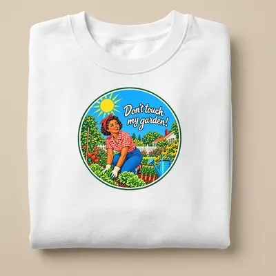 Retro gardening t-shirt with a woman tending plants and playful text — printed on a unisex sweatshirt