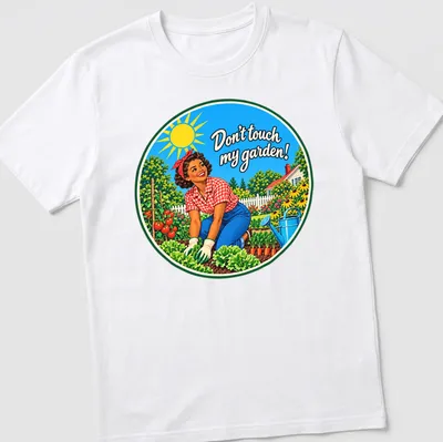 Retro gardening t-shirt with a woman tending plants and playful text