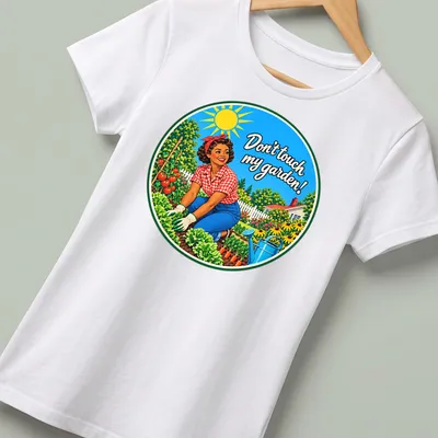 Retro gardening t-shirt with a woman tending plants and playful text — printed on a women's shirt