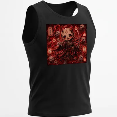 Kawaii Gashadokuro character with sword and skulls in red, black, and white — printed on a tank top