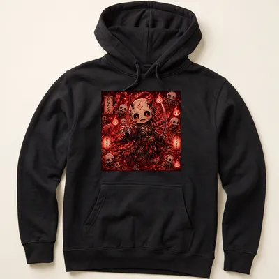 Kawaii Gashadokuro character with sword and skulls in red, black, and white — printed on a unisex hoodie