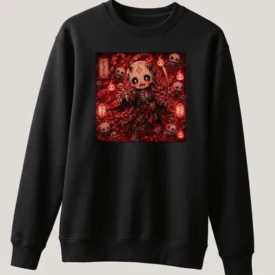 Kawaii Gashadokuro character with sword and skulls in red, black, and white — printed on a unisex sweatshirt