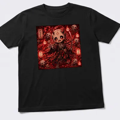 Kawaii Gashadokuro character with sword and skulls in red, black, and white