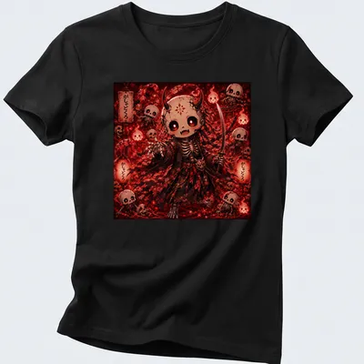 Kawaii Gashadokuro character with sword and skulls in red, black, and white — printed on a women's shirt