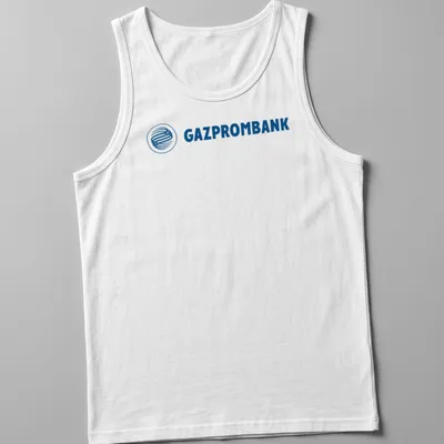 Modern Gazprombank logo t-shirt with blue lettering on a white background — printed on a tank top