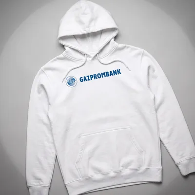 Modern Gazprombank logo t-shirt with blue lettering on a white background — printed on a unisex hoodie