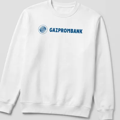 Modern Gazprombank logo t-shirt with blue lettering on a white background — printed on a unisex sweatshirt