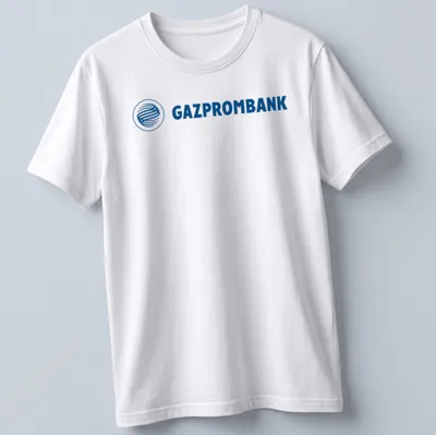Modern Gazprombank logo t-shirt with blue lettering on a white background — printed on a unisex t-shirt