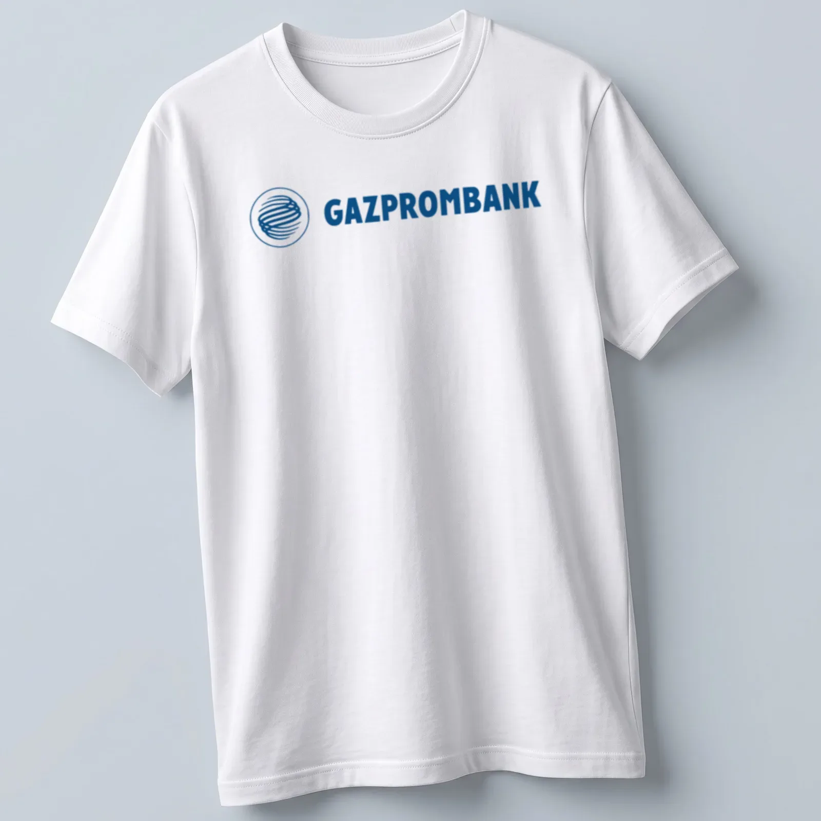 Modern Gazprombank logo t-shirt with blue lettering on a white background — printed on a unisex t-shirt