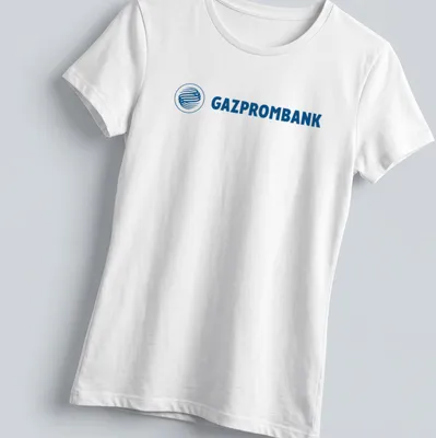 Modern Gazprombank logo t-shirt with blue lettering on a white background — printed on a women's shirt