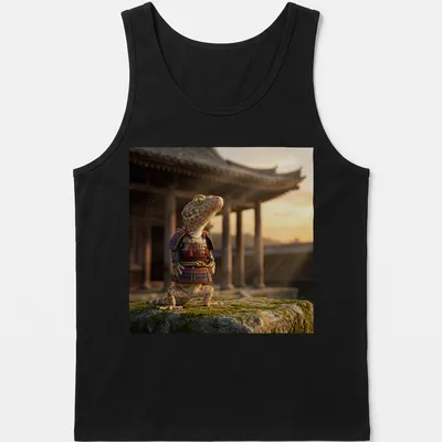 Realistic Gecko Samurai wearing armor, with vibrant orange and blue colors — printed on a tank top