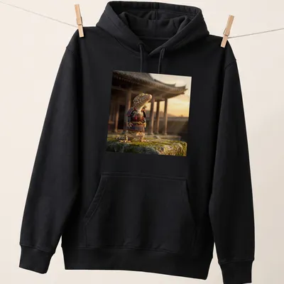 Realistic Gecko Samurai wearing armor, with vibrant orange and blue colors — printed on a unisex hoodie
