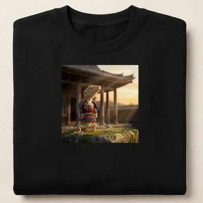 Realistic Gecko Samurai wearing armor, with vibrant orange and blue colors — printed on a unisex sweatshirt