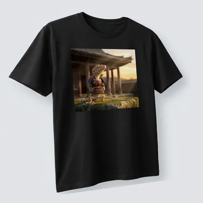 Realistic Gecko Samurai wearing armor, with vibrant orange and blue colors — printed on a unisex t-shirt (angled view)