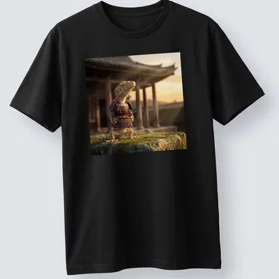 Realistic Gecko Samurai wearing armor, with vibrant orange and blue colors — printed on a unisex t-shirt