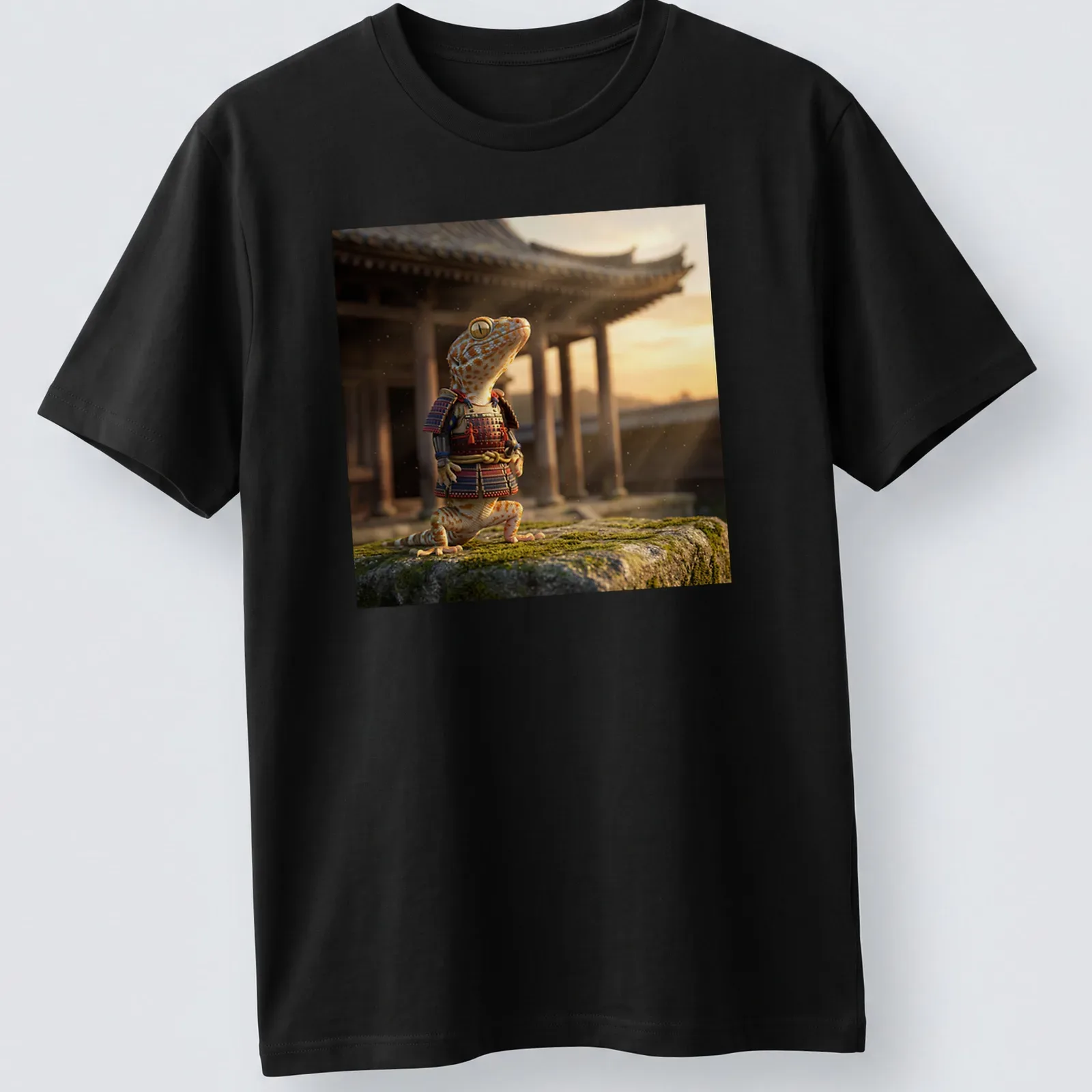 Realistic Gecko Samurai wearing armor, with vibrant orange and blue colors — printed on a unisex t-shirt