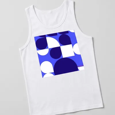 Blue geometric abstract Bauhaus design with the word 'origins' in a modern font. — printed on a tank top