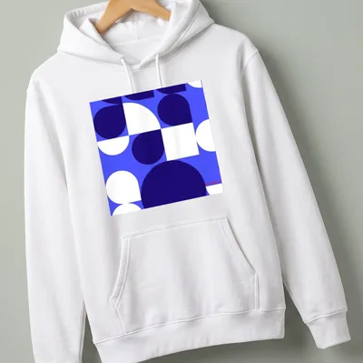 Blue geometric abstract Bauhaus design with the word 'origins' in a modern font. — printed on a unisex hoodie