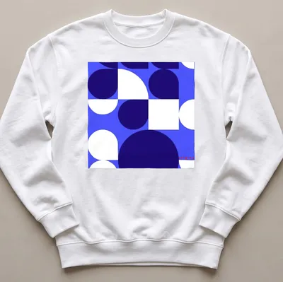 Blue geometric abstract Bauhaus design with the word 'origins' in a modern font. — printed on a unisex sweatshirt