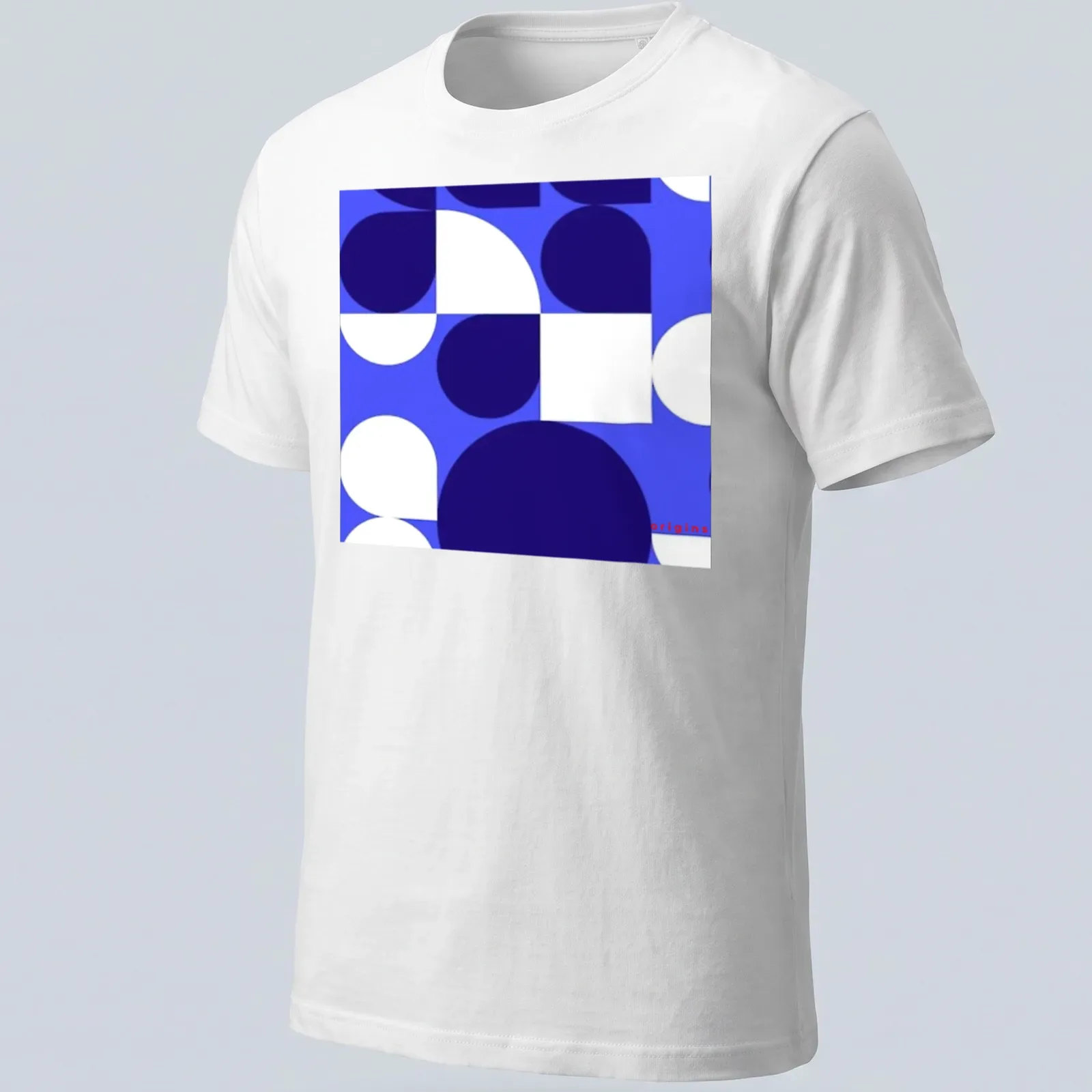 Blue geometric abstract Bauhaus design with the word 'origins' in a modern font. — printed on a unisex t-shirt