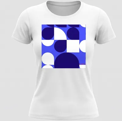 Blue geometric abstract Bauhaus design with the word 'origins' in a modern font. — printed on a women's shirt