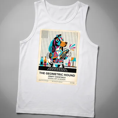 Mid-century graphic t-shirt featuring a geometric Basset Hound and cocktail theme — printed on a tank top