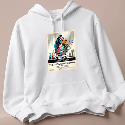 Mid-century graphic t-shirt featuring a geometric Basset Hound and cocktail theme — printed on a unisex hoodie