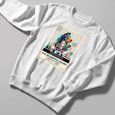 Mid-century graphic t-shirt featuring a geometric Basset Hound and cocktail theme — printed on a unisex sweatshirt