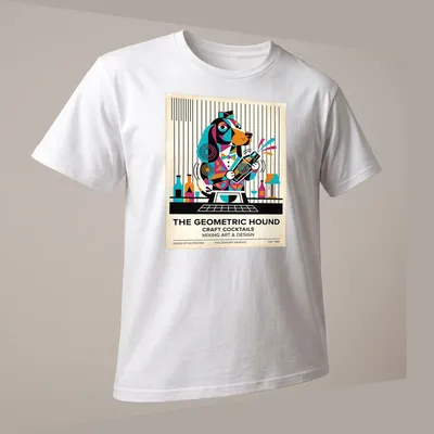 Mid-century graphic t-shirt featuring a geometric Basset Hound and cocktail theme — printed on a unisex t-shirt (angled view)