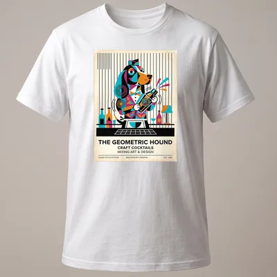 Mid-century graphic t-shirt featuring a geometric Basset Hound and cocktail theme — printed on a unisex t-shirt