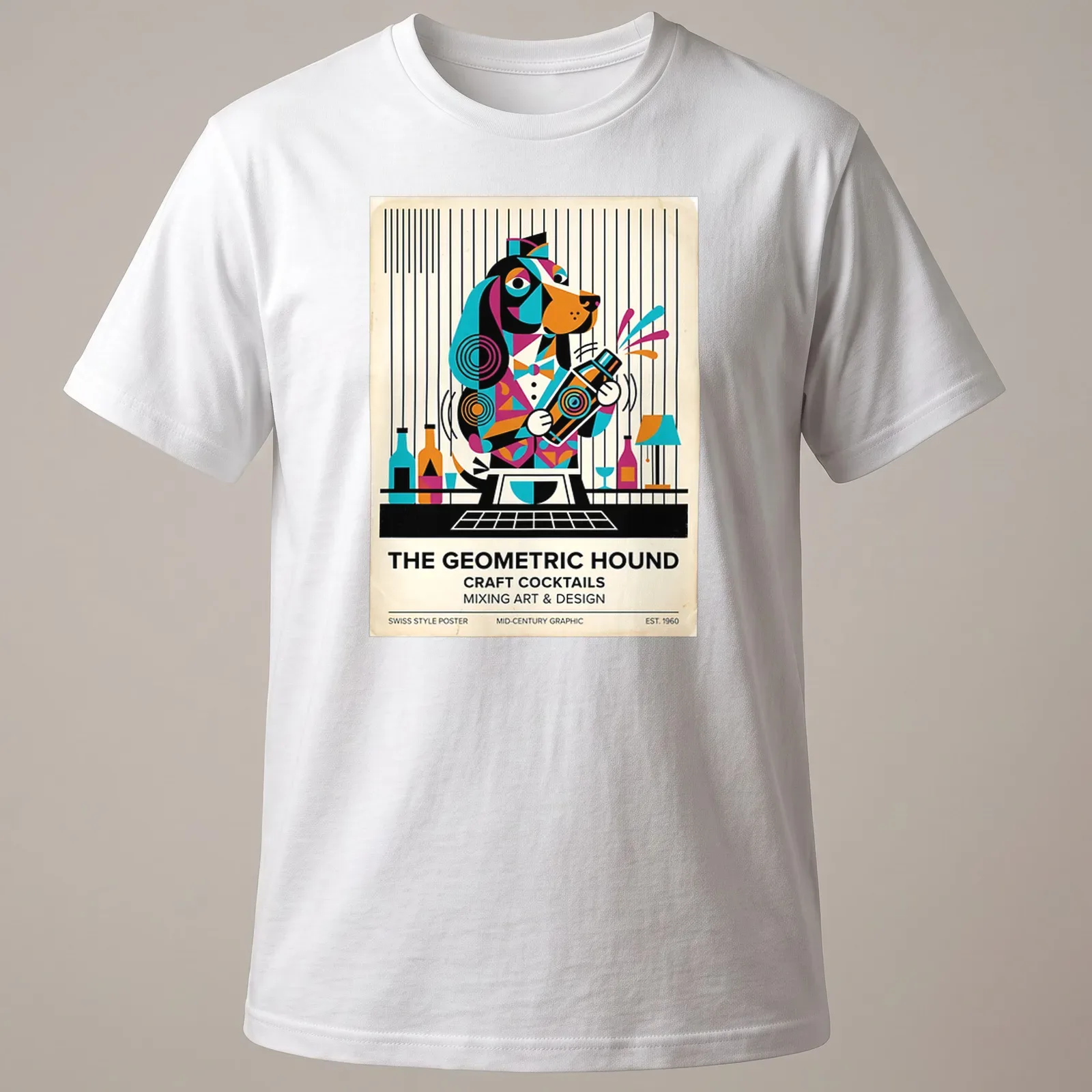 Mid-century graphic t-shirt featuring a geometric Basset Hound and cocktail theme — printed on a unisex t-shirt