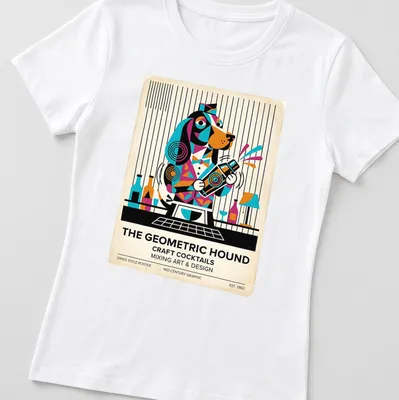 Mid-century graphic t-shirt featuring a geometric Basset Hound and cocktail theme — printed on a women's shirt