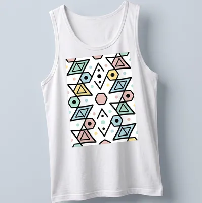 Seamless geometric pattern t-shirt in pastel colors and playful shapes — printed on a tank top