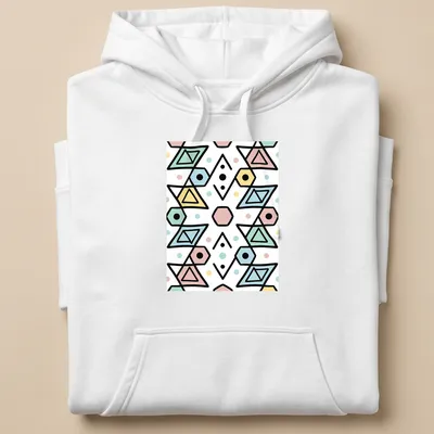 Seamless geometric pattern t-shirt in pastel colors and playful shapes — printed on a unisex hoodie
