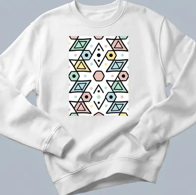 Seamless geometric pattern t-shirt in pastel colors and playful shapes — printed on a unisex sweatshirt