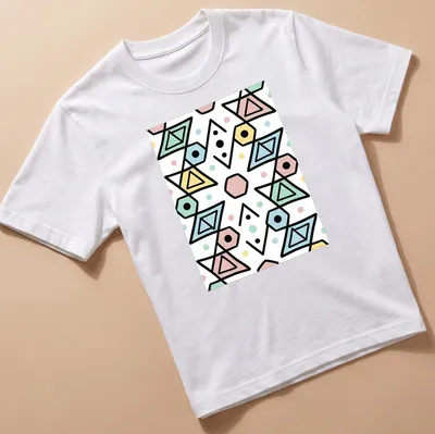 Seamless geometric pattern t-shirt in pastel colors and playful shapes — printed on a unisex t-shirt