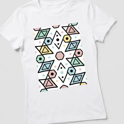 Seamless geometric pattern t-shirt in pastel colors and playful shapes — printed on a women's shirt