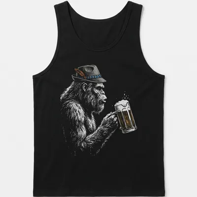 Illustration of a German Bigfoot in lederhosen holding a beer mug in sketch style — printed on a tank top