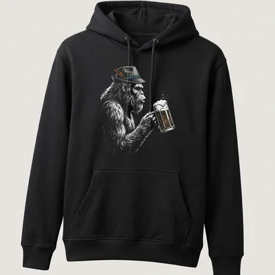 Illustration of a German Bigfoot in lederhosen holding a beer mug in sketch style — printed on a unisex hoodie