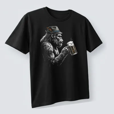 Illustration of a German Bigfoot in lederhosen holding a beer mug in sketch style — printed on a unisex t-shirt (angled view)