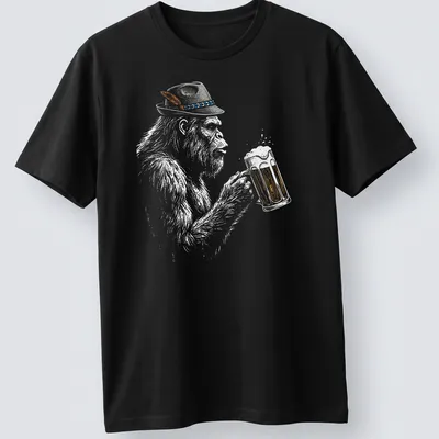 Illustration of a German Bigfoot in lederhosen holding a beer mug in sketch style